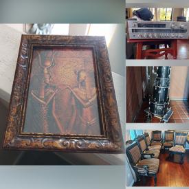 MaxSold Auction: This online auction features digital receiver, dining room table and chairs, metal safe, side table, lamps, patio, antique mirror, golf clubs, framed movie poster, artificial planters and much more!